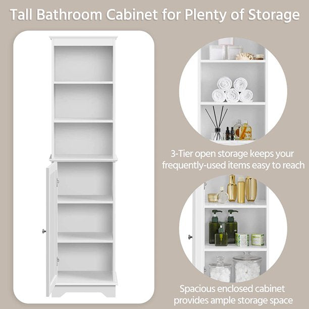 SUGIFT Tall Slim Cabinet with 3 Shelves & Door, Floor Freestanding Linen Cabinet for Bathroom, Living Room