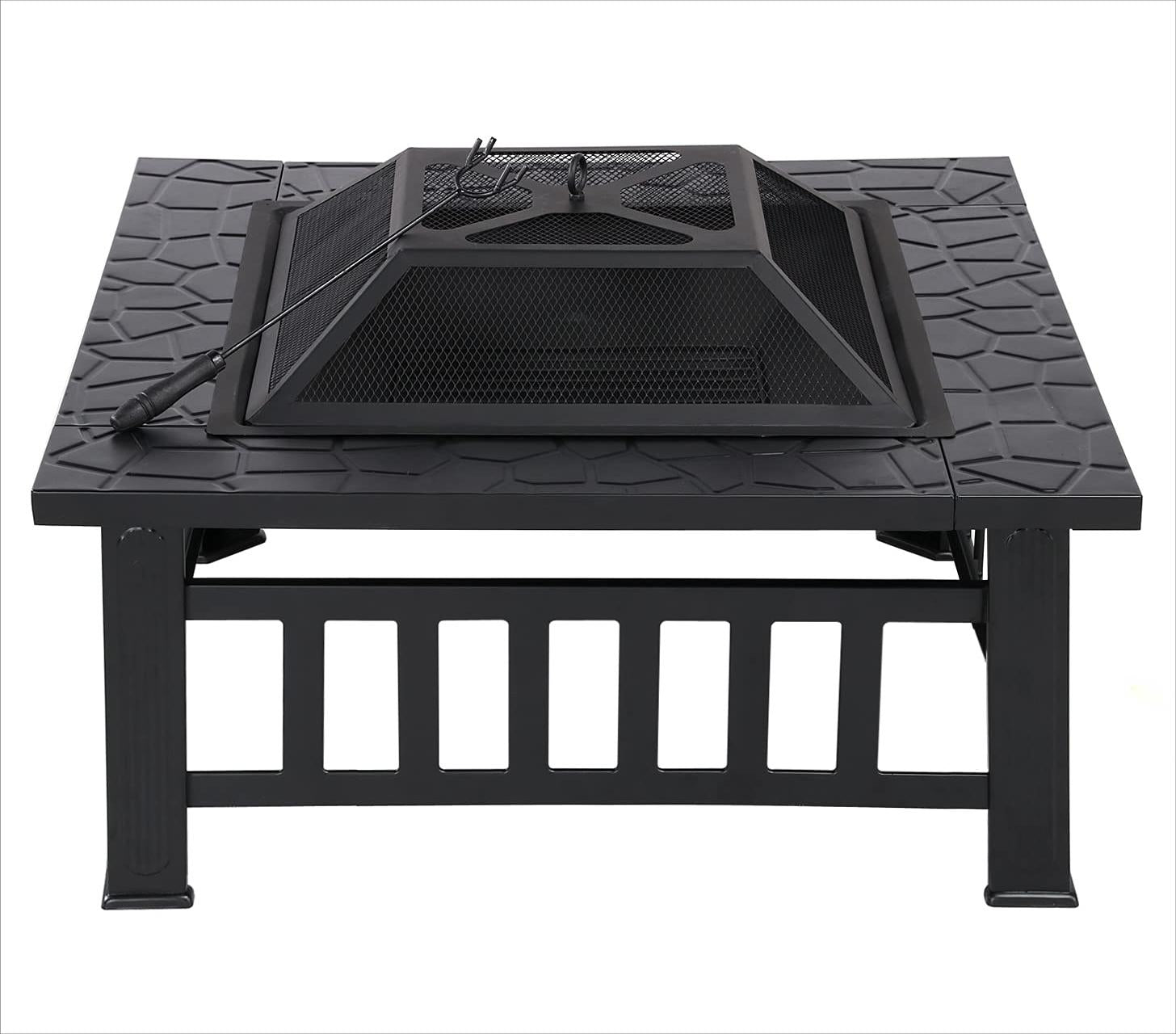 32 in. W x 19.5 in. H Square Metal Outdoor Patio Wood Burning Fire Pit in Black with Poker and Water Resistant Cover