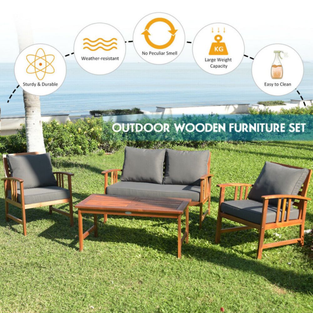 4-Piece Acacia Wood Outdoor Patio Conversation Set with Gray Cushions