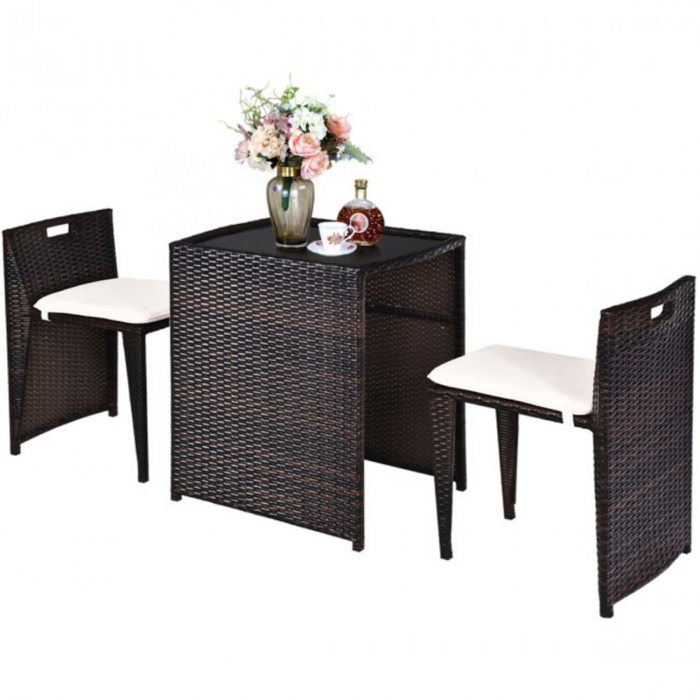 3-Pieces Wicker Patio Outdoor Chair and Table Set with Beige Cushions