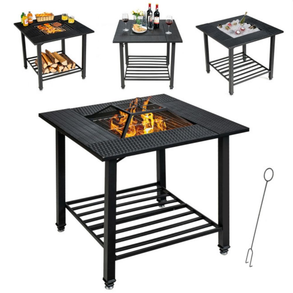 31 in. Outdoor Steel Fire Pit Dining Table with Cooking BBQ Grate