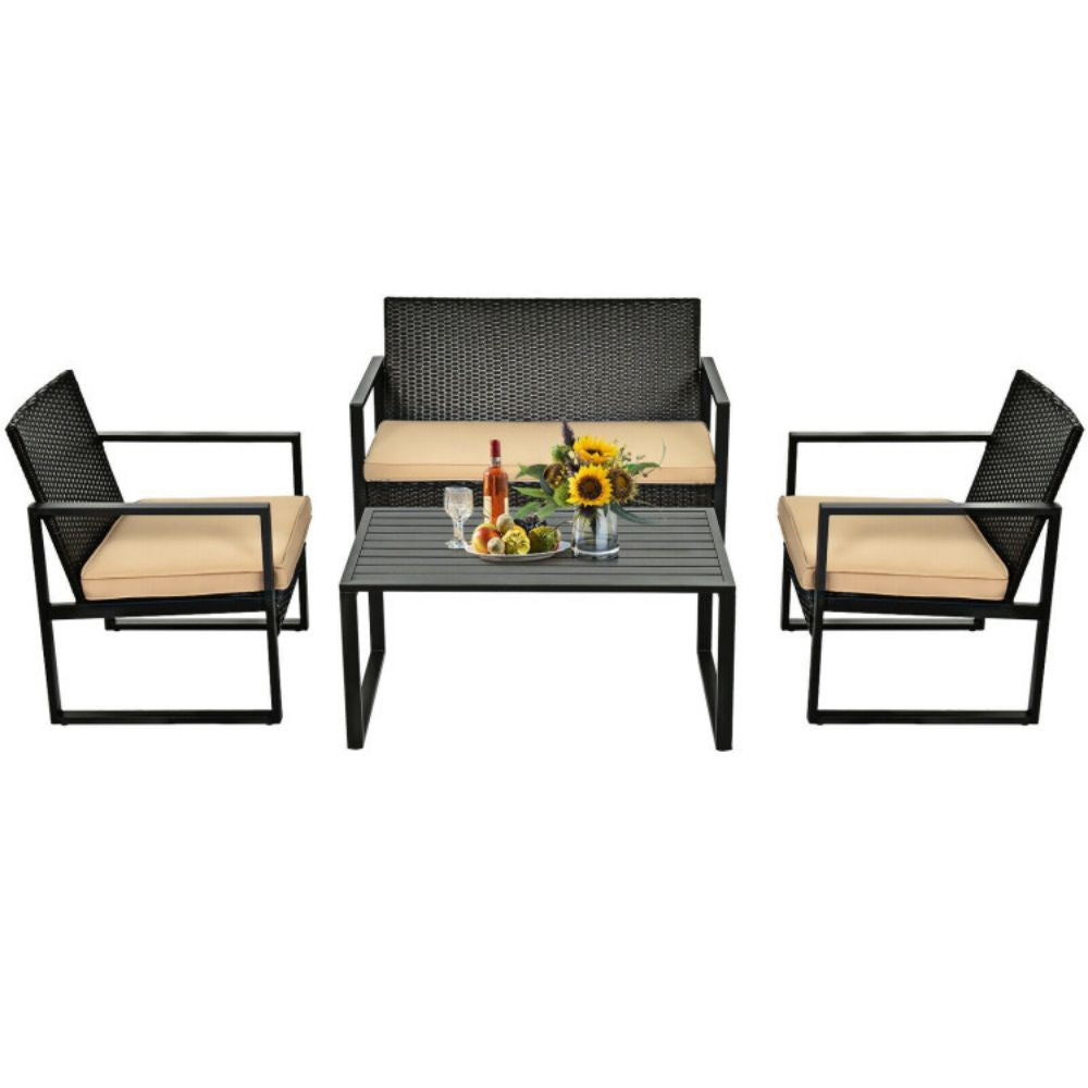 4-Piece Outdoor Patio Rattan Conversation Set with Brown Cushions and Coffee Table