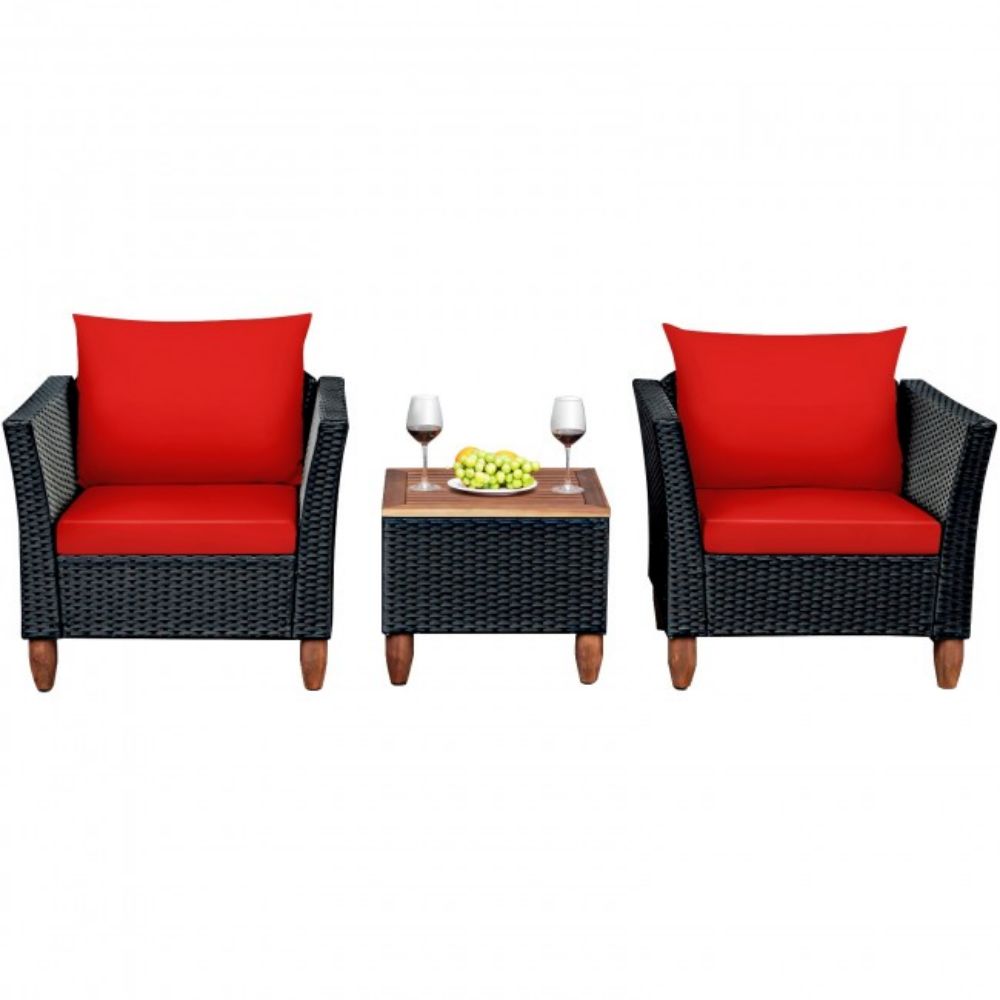 3-Pieces Outdoor Patio Rattan Conversation Set with Red Cushions