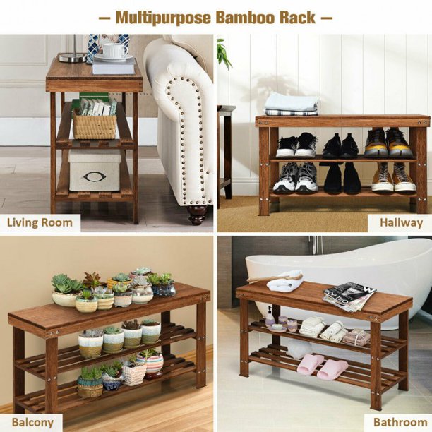 SUGIFT 3-Tier Bamboo Shoe Bench Storage Rack Organizer