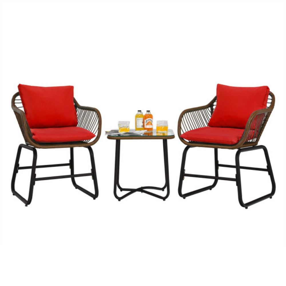 3-Piece Wicker Outdoor Bistro Bistro Set with Red Cushion and Glass Table