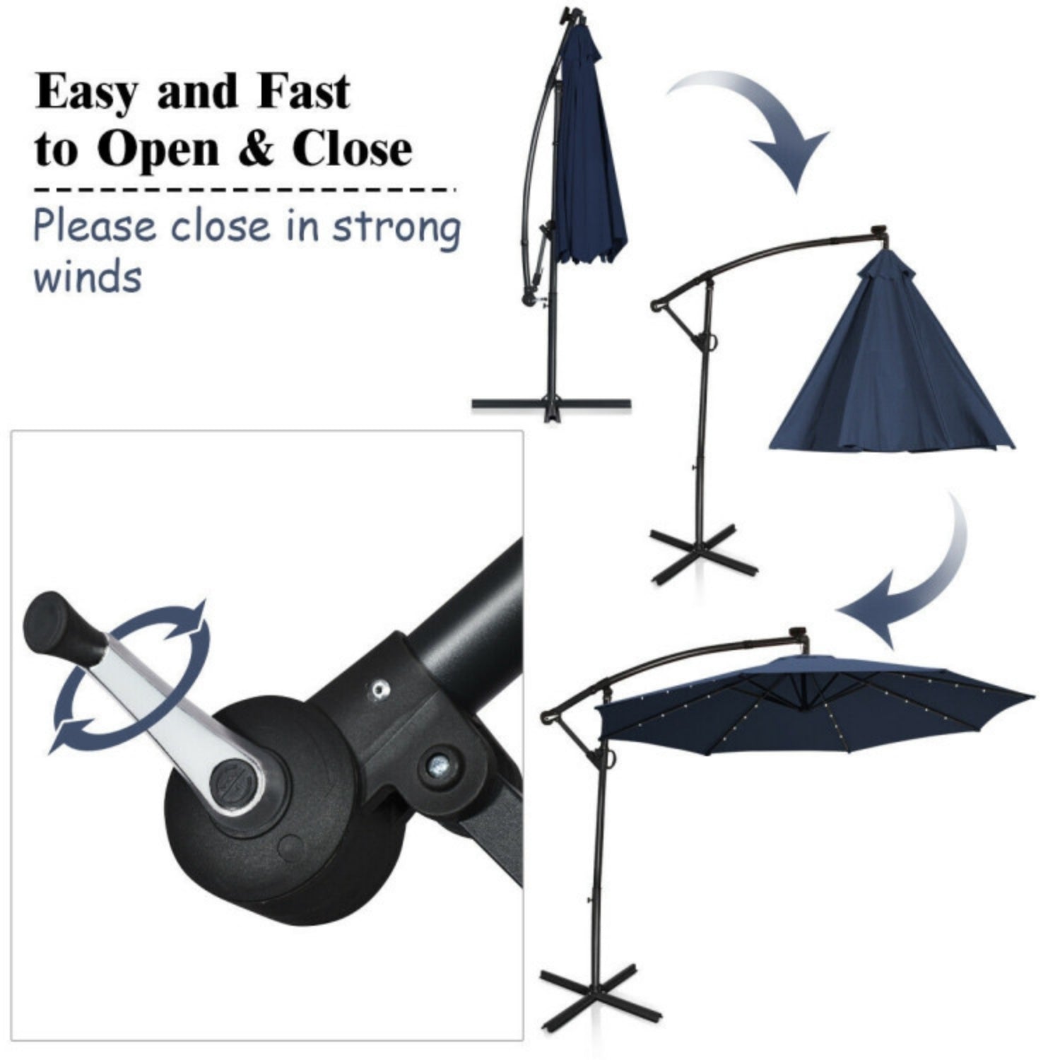 SUGIFT 360¡ãRotation Solar Powered LED Offset Umbrella without Weight Base,Navy