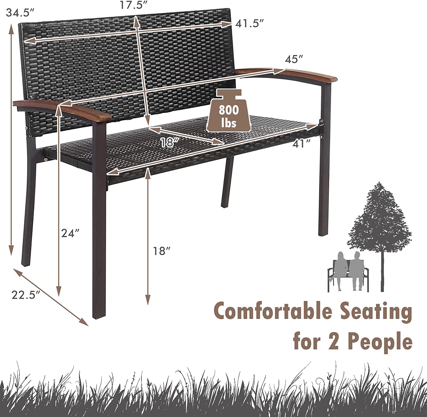 45 in. Outdoor Patio Rattan Wicker Bench with Acacia Armrest