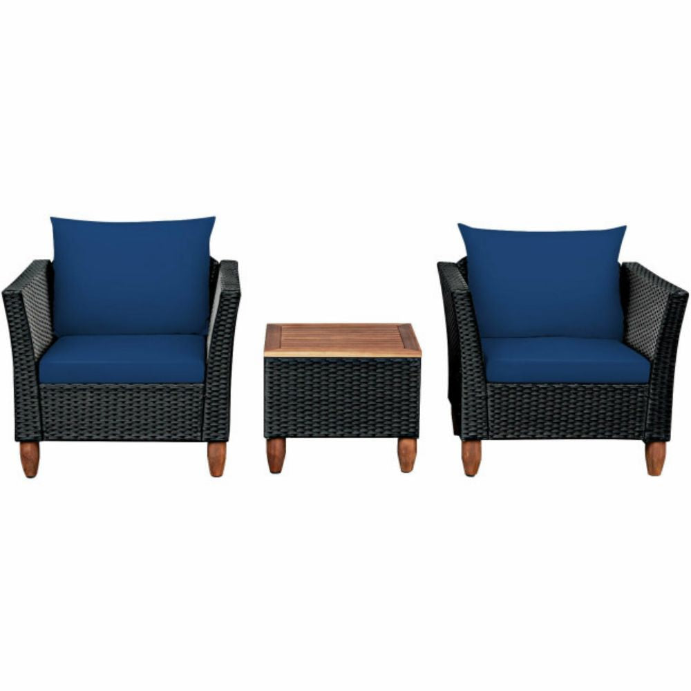 3-Pieces Rattan Outdoor Patio Conversation Set with Navy Cushions