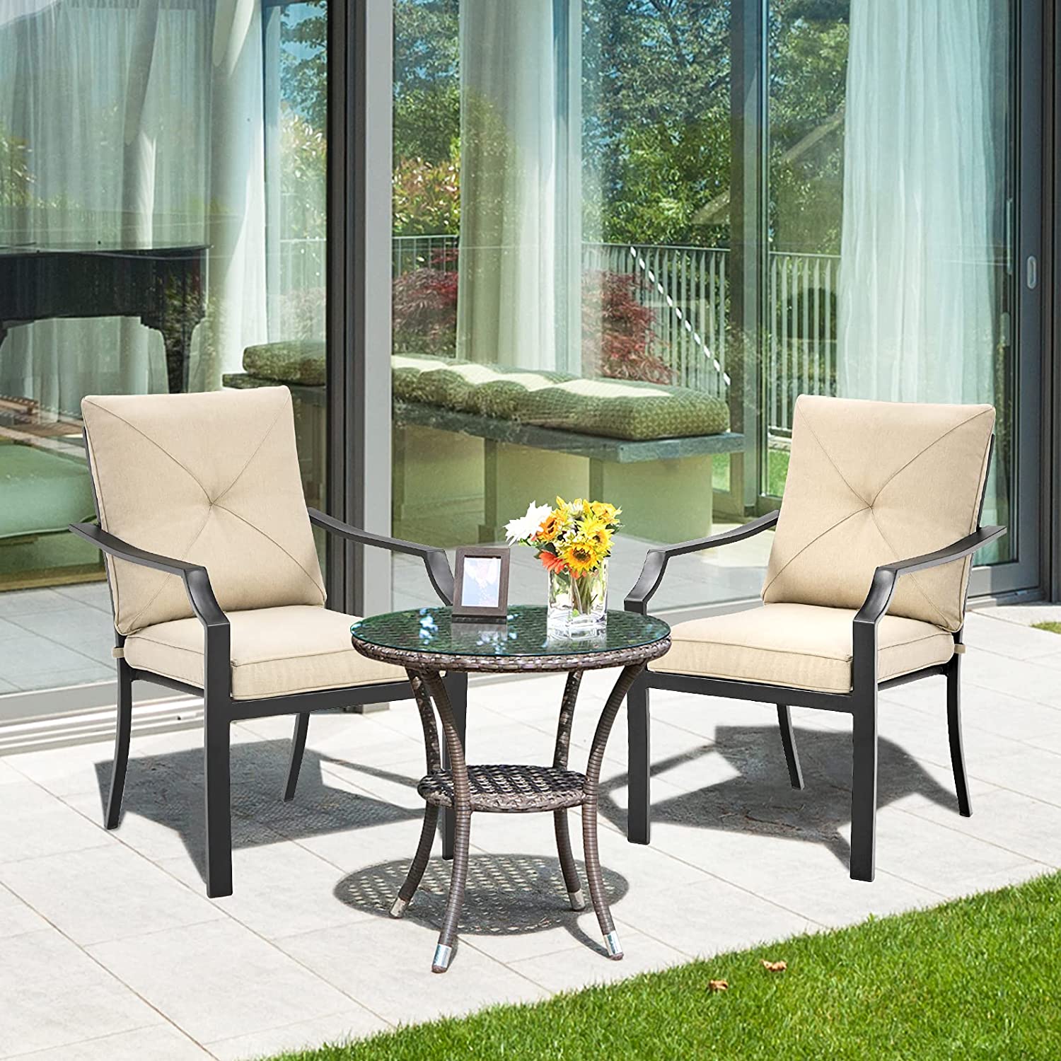 4-Pieces Steel Outdoor Dining Chairs with Removable Beige Cushions
