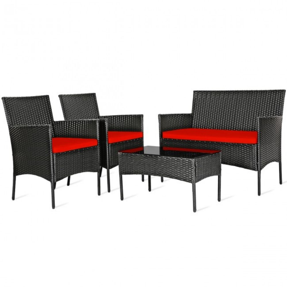 4-Piece Rattan Outdoor Conversation Seating Set with Red Cushion and Patio Tempered Glass Table