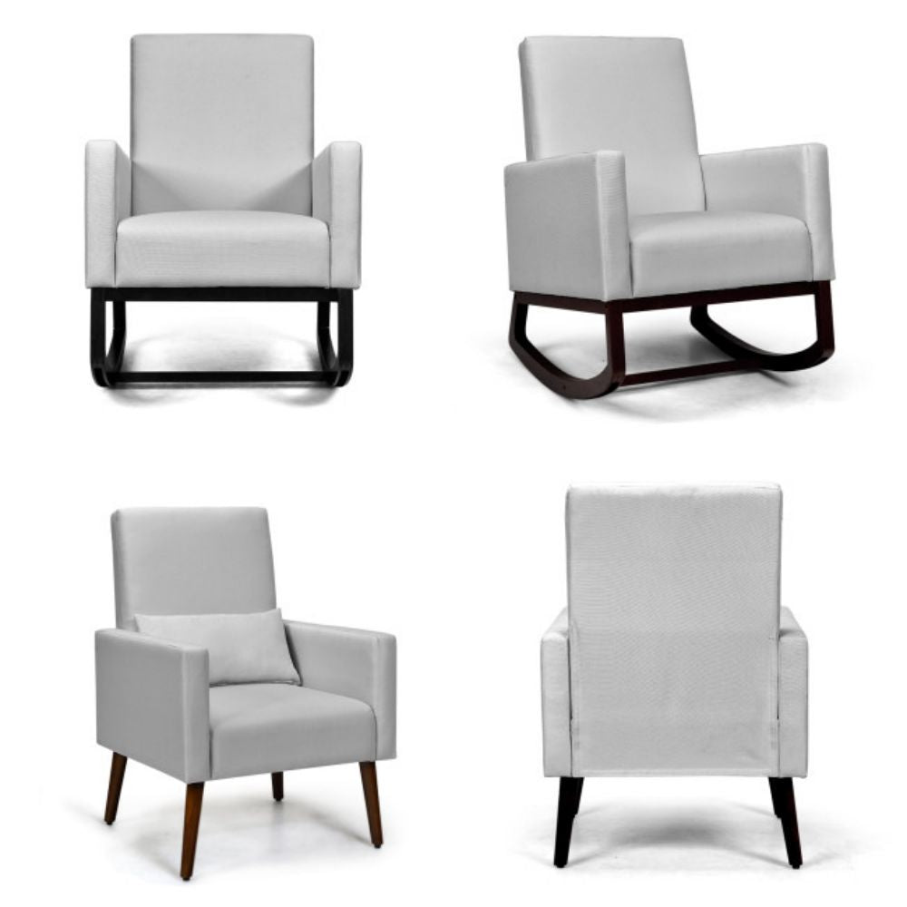2-in-1 Wood Fabric Upholstered Patio Outdoor Rocking Chair in Light Gray with Cushion and Pillow