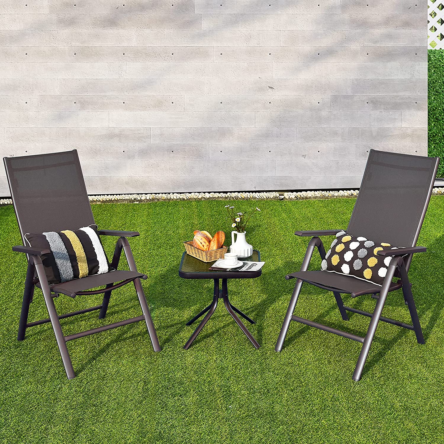 2-Piece Outdoor Gray Patio Aluminium Folding Dining Chairs with Adjustable Back