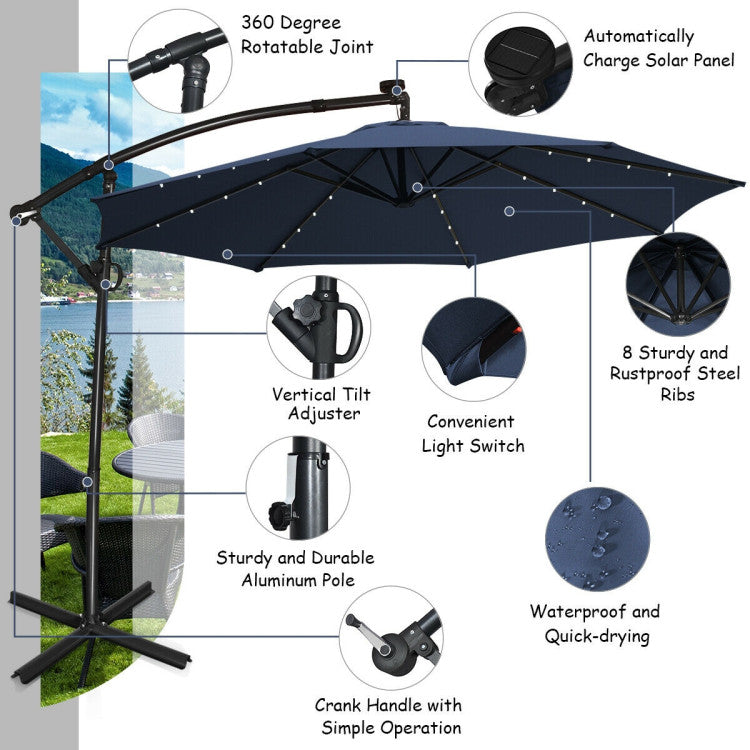 10 ft. 360-Degrees Rotation Aluminum Tilt Cantilever Patio Umbrella with LED Lights and Cross Base in Navy Blue