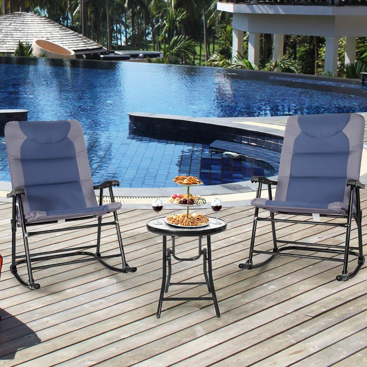 3-Piece Outdoor Folding Rocking Chair Conversation Set with Blue and Grey Cushion