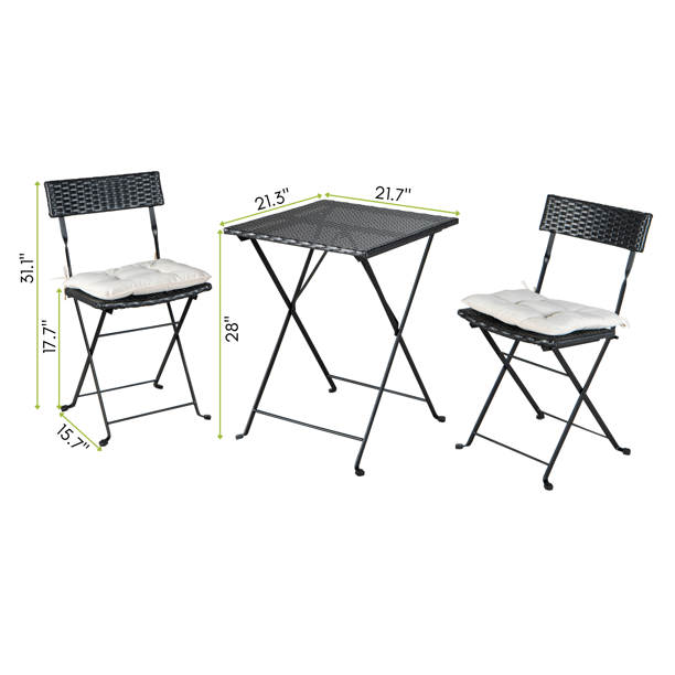 SUGIFT Folding Bistro Set One Table With Two Chairs And Two Beige Cushion Patio Beach Pool Black PE Wicker