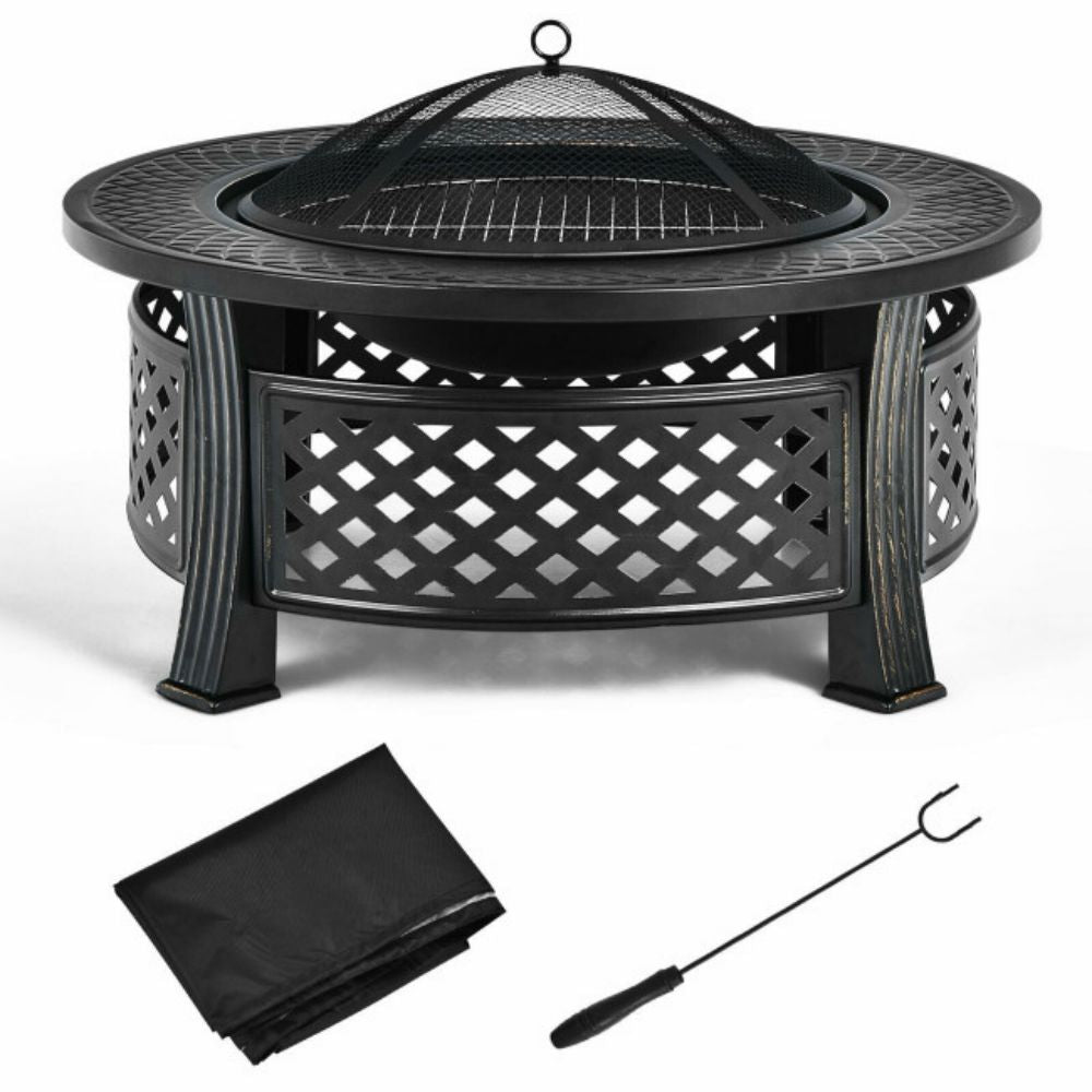 32 in. Outdoor Round Wood Burning Fire Pit with BBQ Grill and High-Temp Resistance