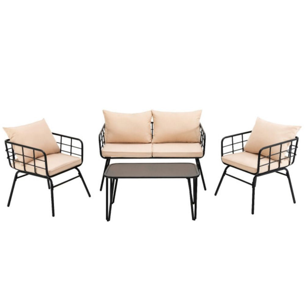 4-Piece Outdoor Metal Patio Conversation Set with Beige Cushions