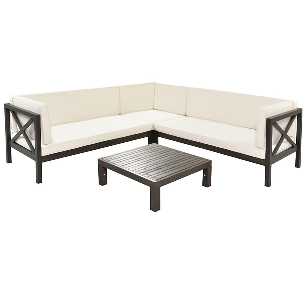 4-Piece Outdoor Wood Patio Backyard Sectional Seating Group with Beige Cushions and Table