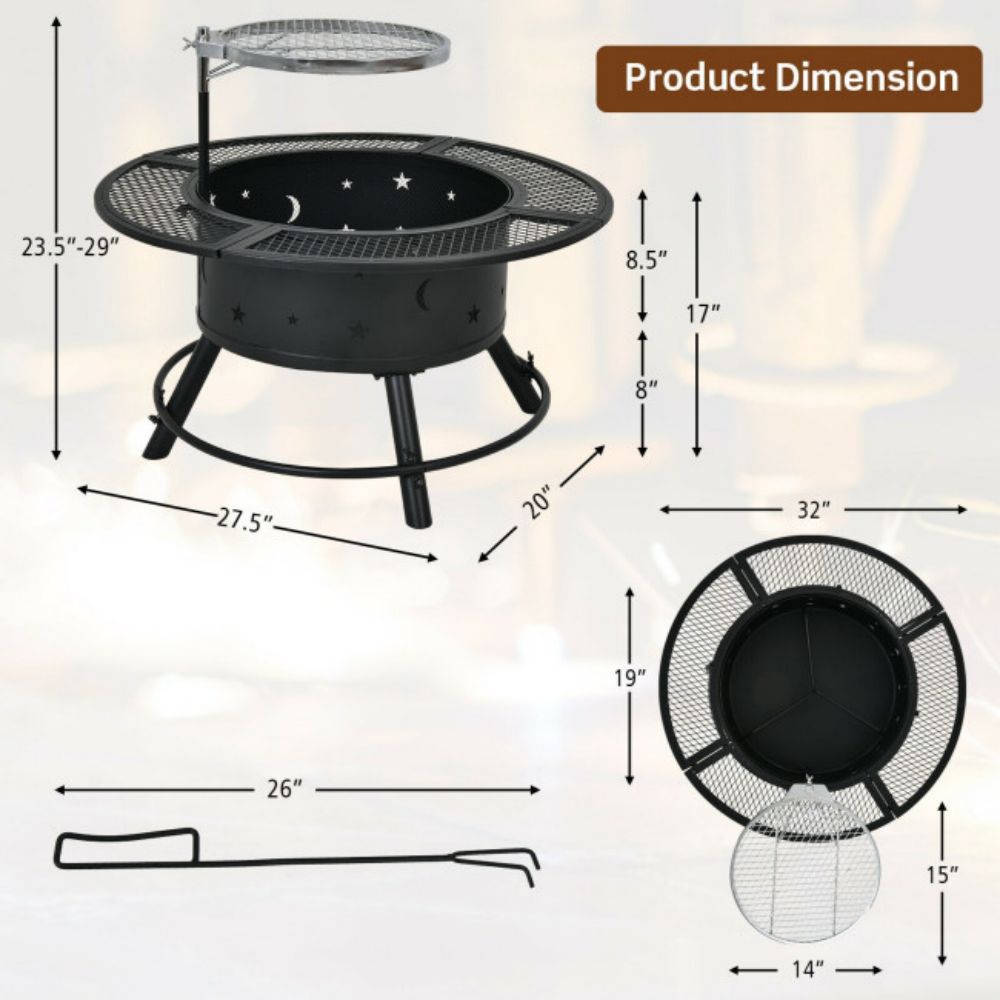 32 in. Outdoor Square Wood Burning Fire Pit with 360-Degree Swivel BBQ Grate