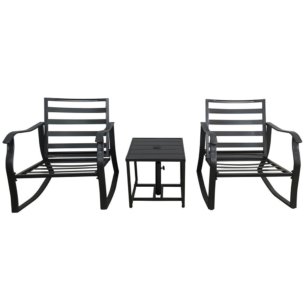 3-Piece Patio Metal Outdoor Rocking Chair Set with Beige Cushions and Table