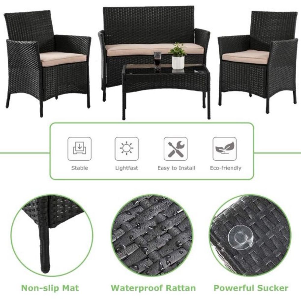 4-Piece Rattan Outdoor Conversation Seating Set with Beige Cushion and Patio Tempered Glass Table