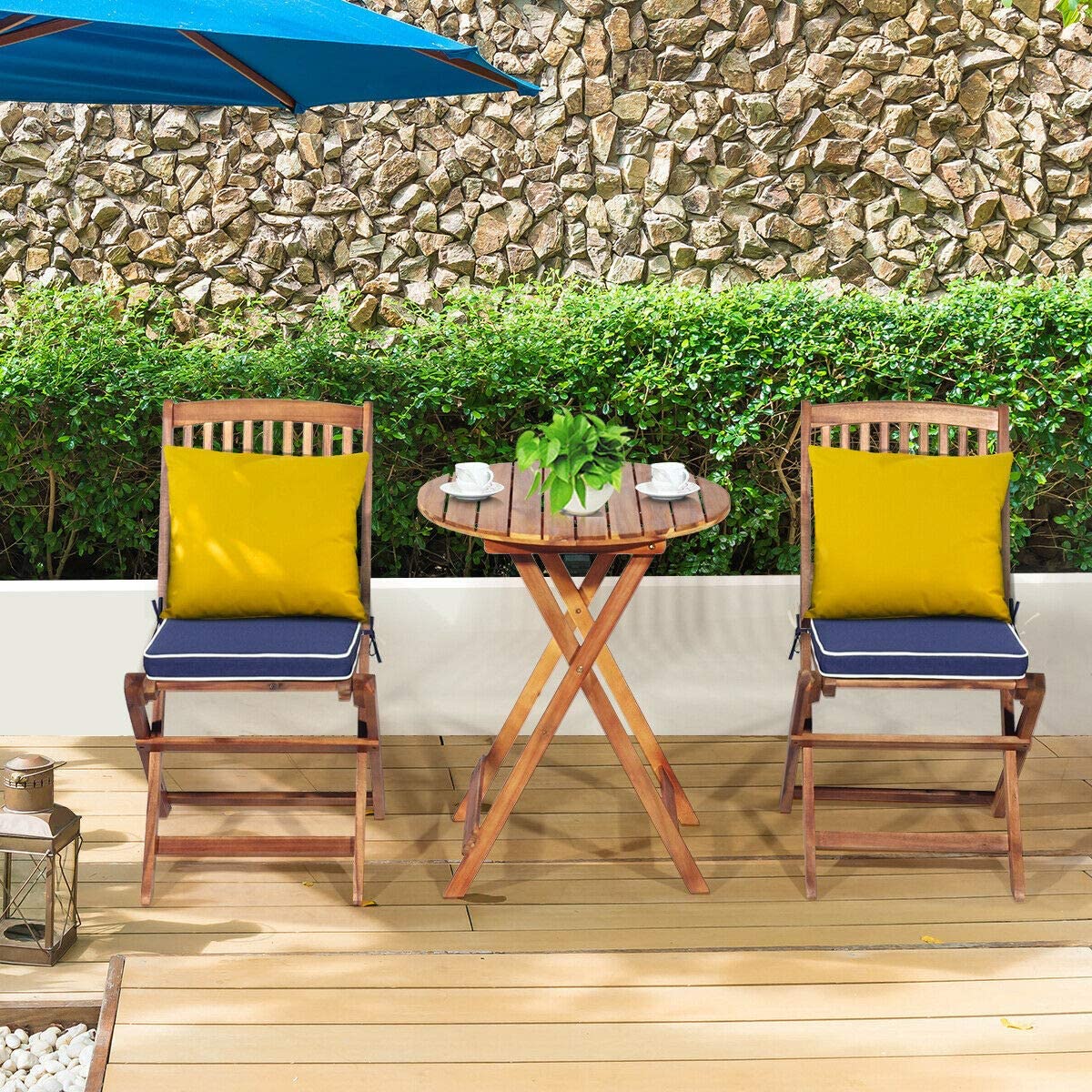 3-Piece Patio Folding Wooden Outdoor Bistro Set with Blue Cushions