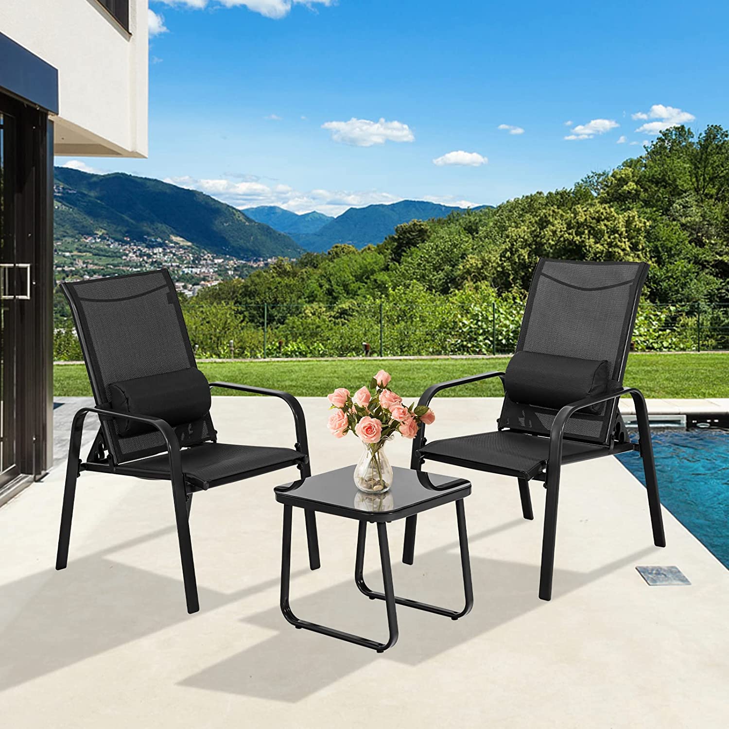 Black 3-Pieces Metal Stackable Outdoor Patio Bistro Conversation Set with Adjustable Backrest