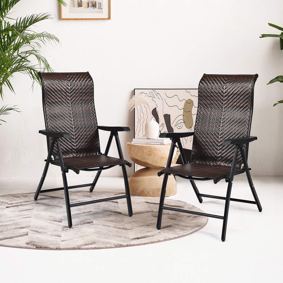 Outdoor Patio Rattan Folding Reclining Back Adjustable Portable Camping Chair (2-Pack)