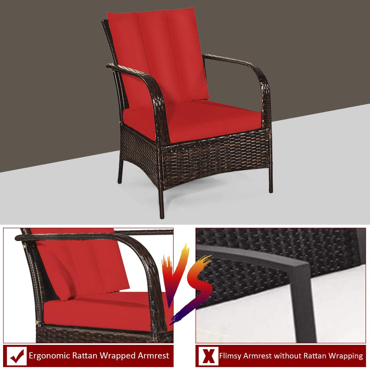 3-Pieces Outdoor Wicker Patio Conversation Furniture Set with Red Cushion