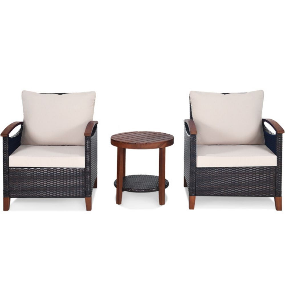 3-Pieces Outdoor Wicker Wooden Frame Patio Conversation Furniture Set with Beige Cushion