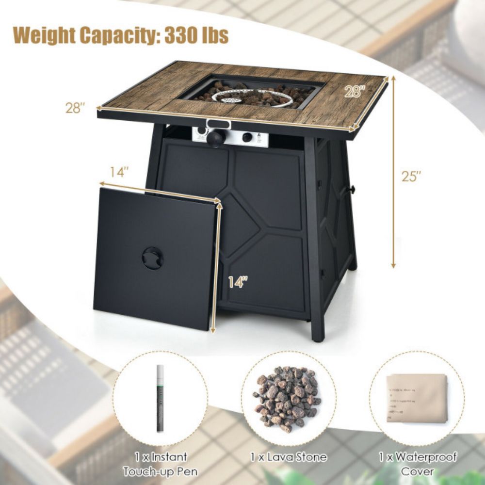 28 in. Outdoor Steel Square Propane Gas Fire Pit Table with Cover
