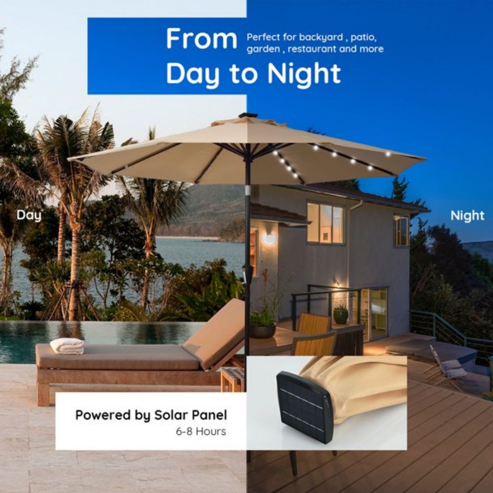 10 ft. Metal Market Solar Tilt Patio Umbrella with Crank and LED Lights in Beige
