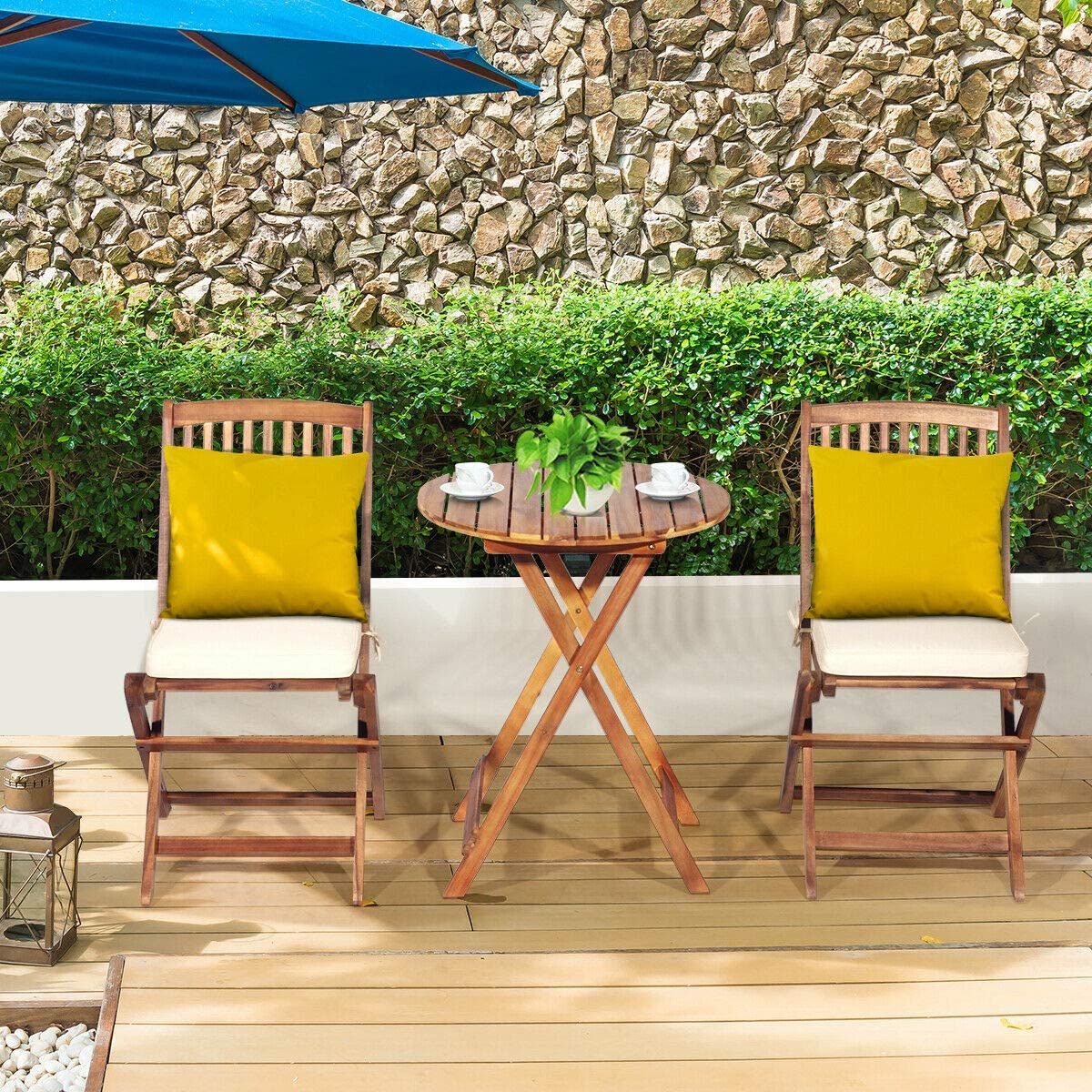 3-Piece Patio Folding Wooden Outdoor Bistro Set with Off White Cushions