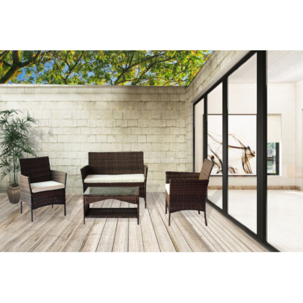4-Piece Rattan Outdoor Conversation Seating Set with White Cushions and Patio Tempered Glass Table