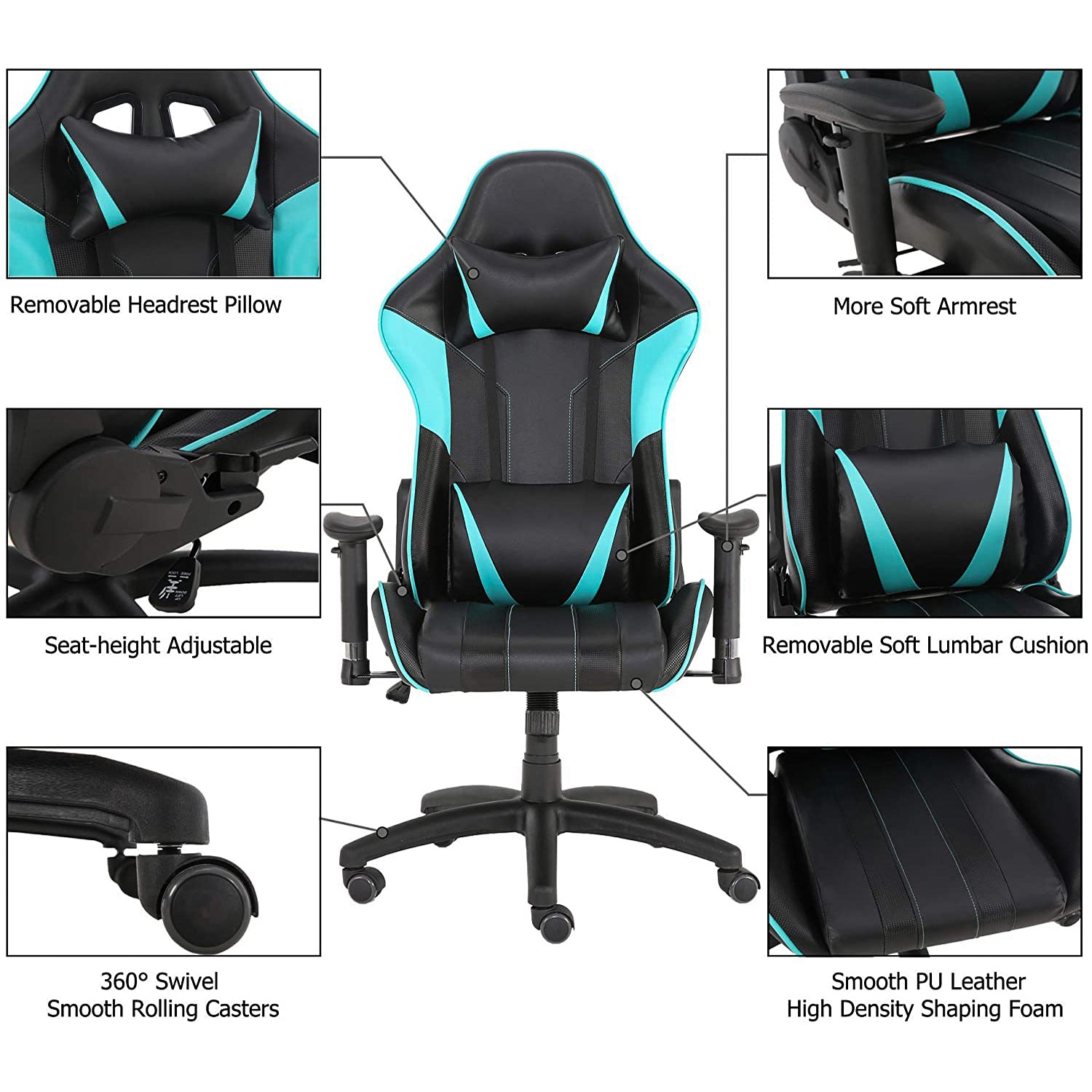 SUGIFT Game Chair, PU Office Swivel Chair, with Headrest and Lumbar Pillow, Light Blue