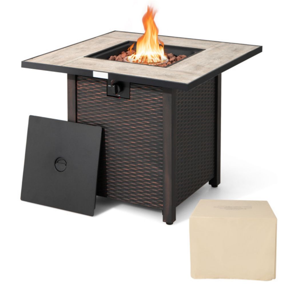 30 in. Outdoor Square Propane Gas Fire Pit Table with Ceramic Tabletop and Table Cover
