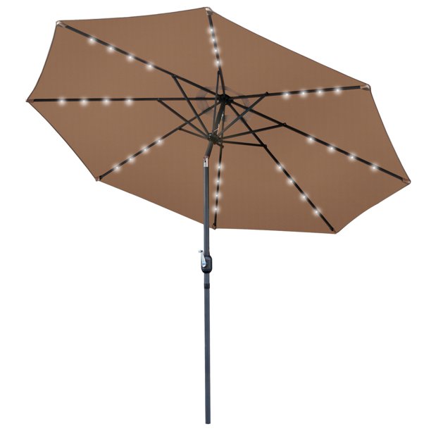 SUGIFT Tan Patio Umbrella 8 Ribbed Strong Light Weight Aluminum Frame with Crank Sunny UV Resistant Yard Parasol with 32 LED Lights - 10FT