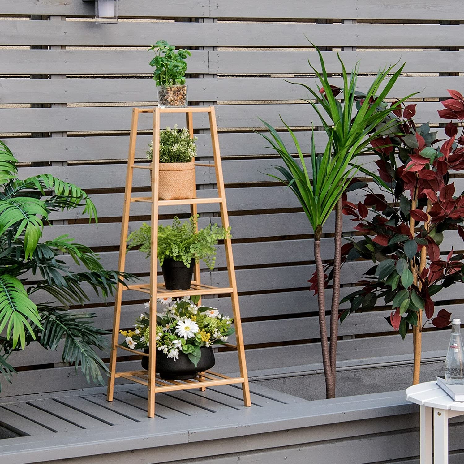 Indoor/Outdoor Natural Wood Plant Stand Display Holder (4-Tier)