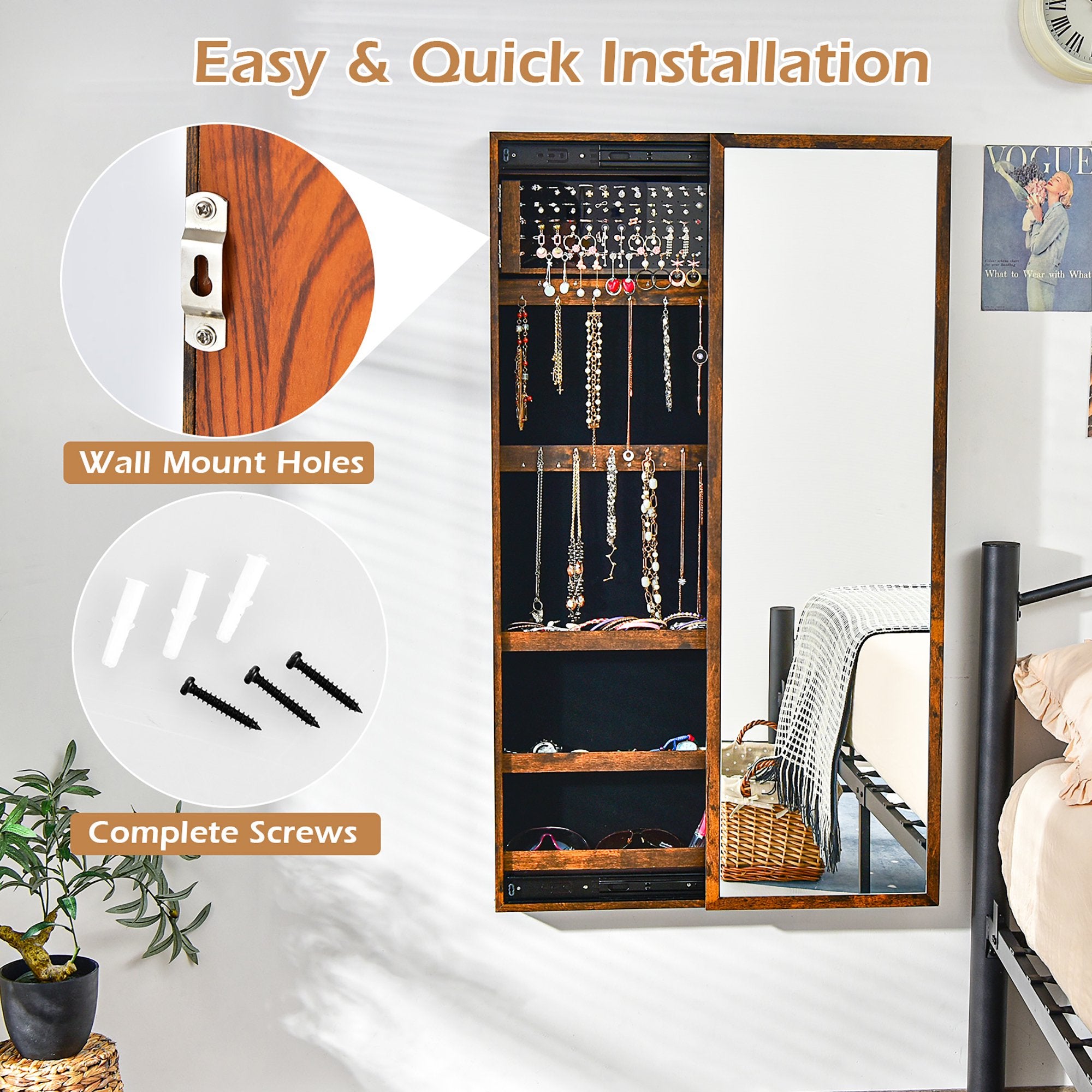SUGIFT Wall Mounted Jewelry Full-Length Mirror Slide Cabinet Armoire Brown