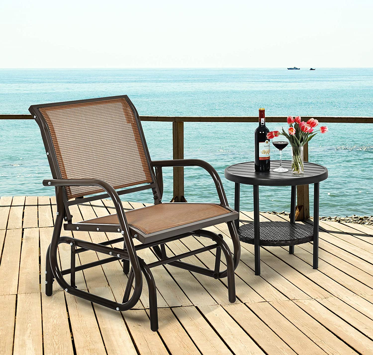 Brown Metal Steel Single Outdoor Swing Glider Rocking Chair with Armrest