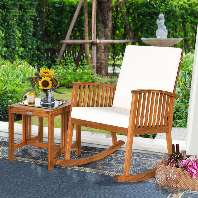 Acacia Wood Patio Outdoor Rocking Chair Table Sets with White Cushion