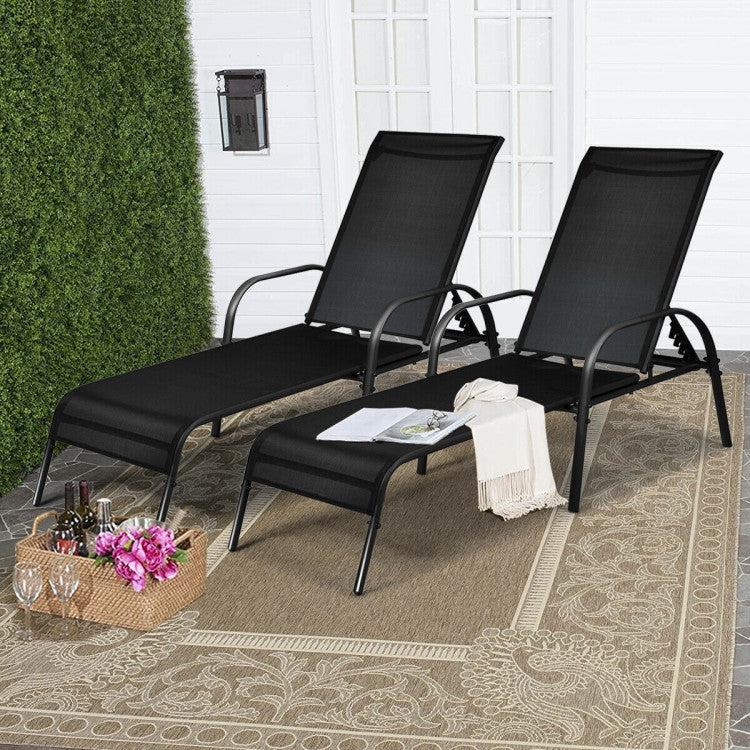 Black Set of 2-Pieces Metal Outdoor Chaise Lounge