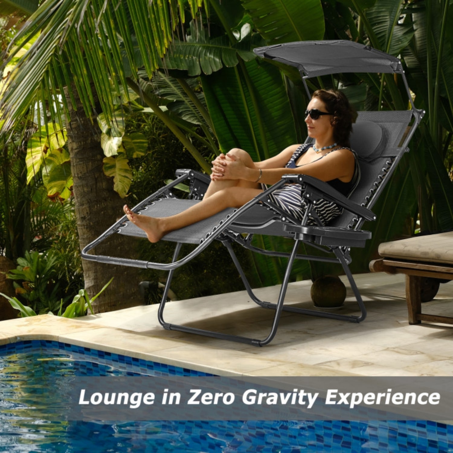 SUGIFT Folding Recliner Lounge Chair with Shade Canopy Cup Holder, Black