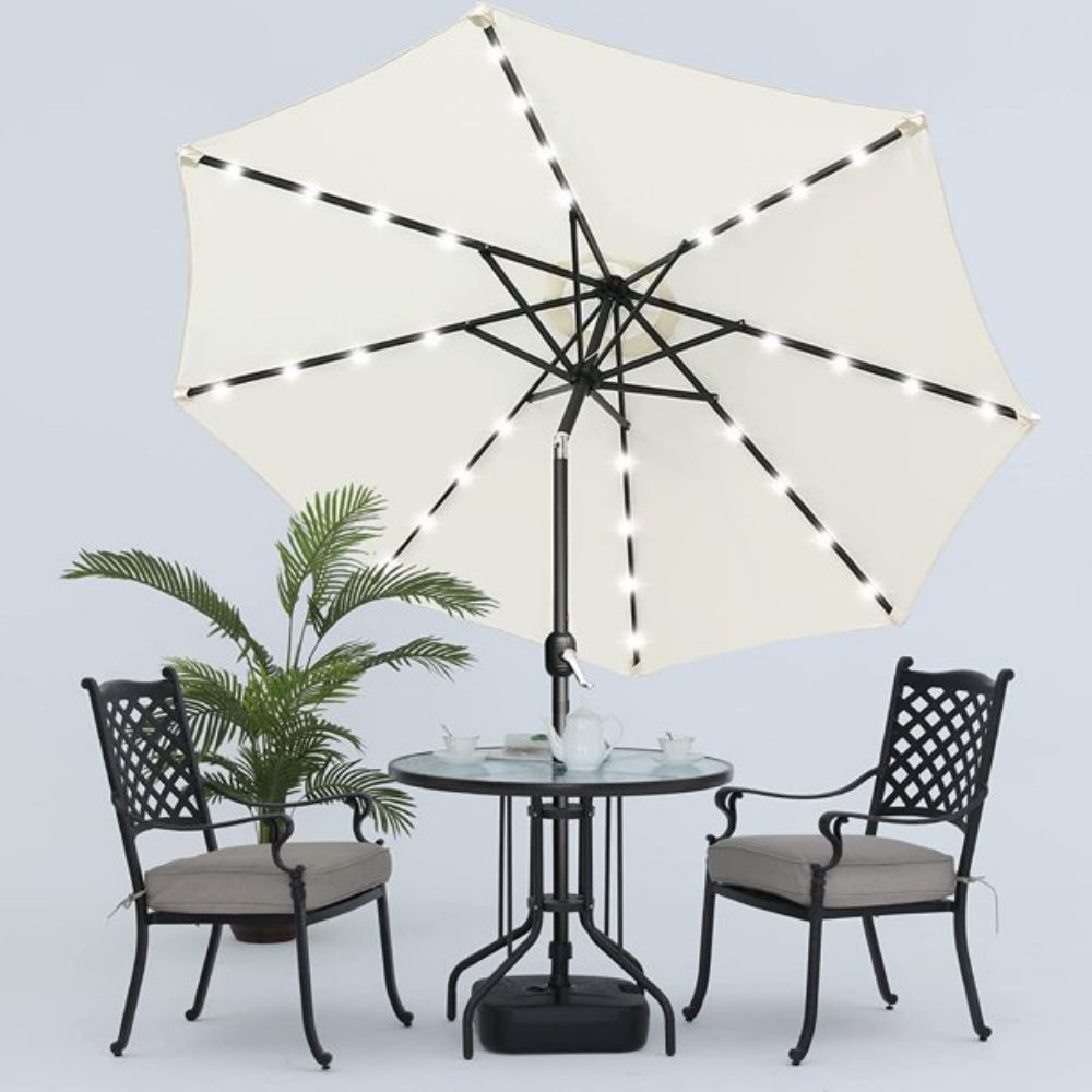 10 ft. Metal Market Solar Tilt Patio Umbrella with Crank and LED Lights in Cream