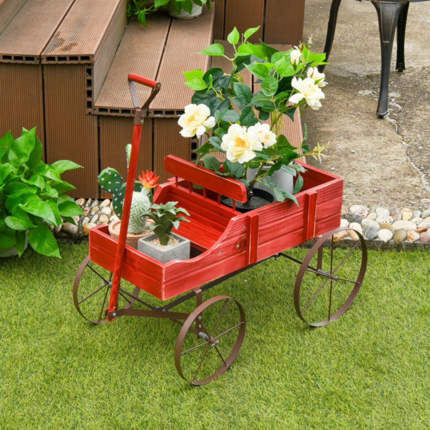 SUGIFT Wooden Wagon Plant Bed with Metal Wheels for Garden Yard, Red