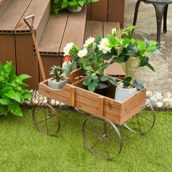 SUGIFT Wooden Wagon Plant Bed with Metal Wheels for Garden Yard, Brown