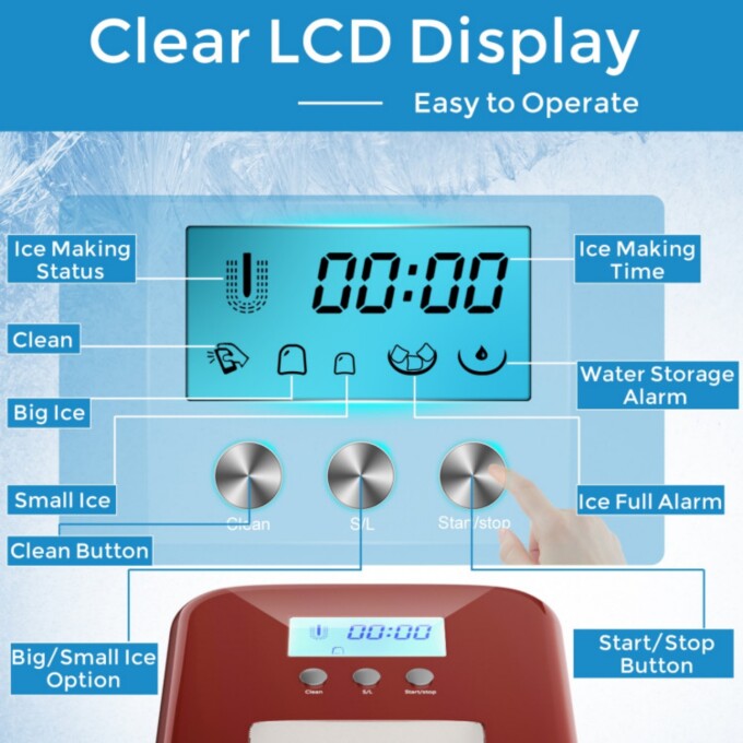 SUGIFT 27 lbs Countertop LCD Display Ice Maker with Ice Scoop,Red