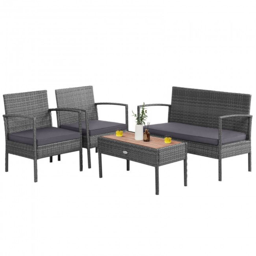 4-Piece Rattan Patio Conversation Furniture Set with Acacia Wood Tabletop and Gray Cushions