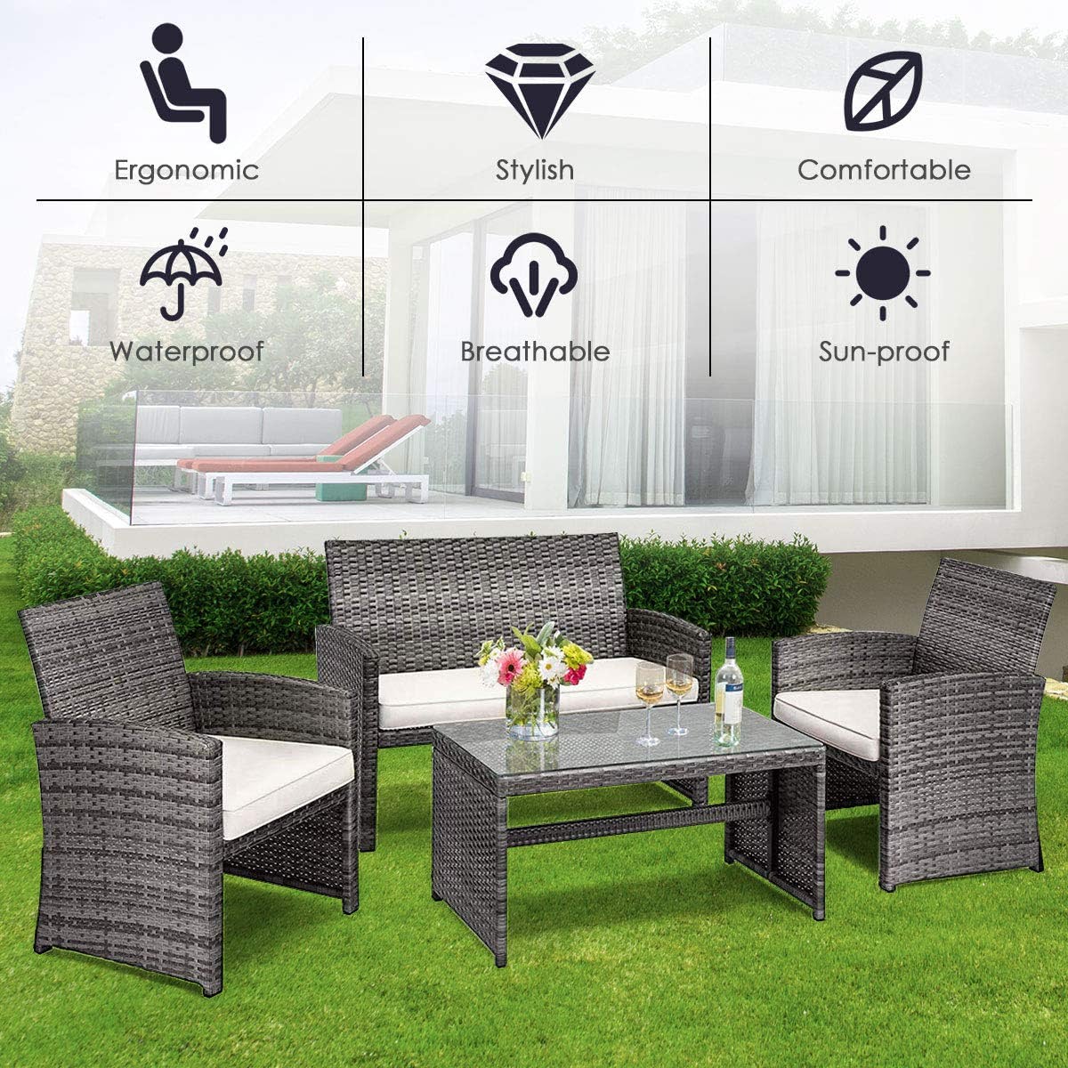 4-Piece Outdoor Wicker Conversation Furniture Set with White Cushions and Tempered Glass Table