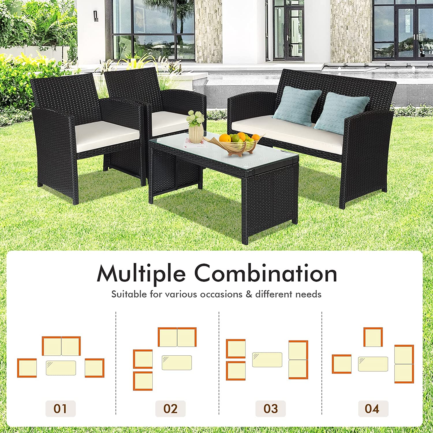 4-Piece Outdoor Wicker Conversation Furniture Set with White Cushion and Tempered Glass Table